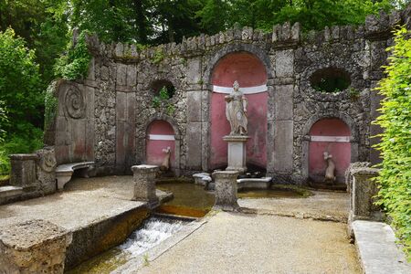 Salzburg, Austria - May 25, 2019 : trick fountains and sculptures at the  Public Gardens of Hellbrunn Palace (Schloss Hellbrunn) in Salzburgのeditorial素材