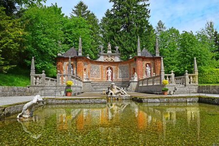 Salzburg, Austria - May 25, 2019 : trick fountains and sculptures at the  Public Gardens of Hellbrunn Palace (Schloss Hellbrunn) in Salzburgのeditorial素材