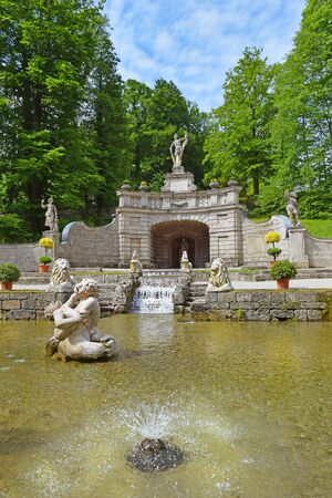 Salzburg, Austria - May 25, 2019 : trick fountains and sculptures at the  Public Gardens of Hellbrunn Palace (Schloss Hellbrunn) in Salzburgのeditorial素材
