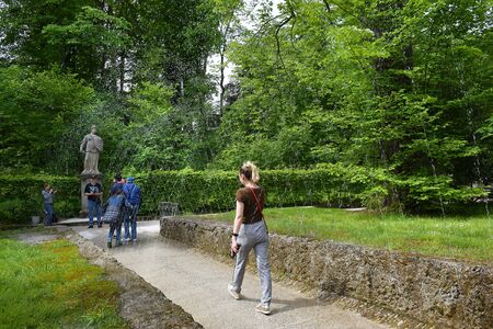 Salzburg, Austria - May 25, 2019 : trick fountains and sculptures at the  Public Gardens of Hellbrunn Palace (Schloss Hellbrunn) in Salzburgのeditorial素材