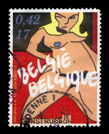 Belgium - CIRCA 2000: A stamp printed in Belgium shows a painting by Anne Mie van Kerckhoven (born 5 December 1951) is a belgian artist , circa 2000のeditorial素材