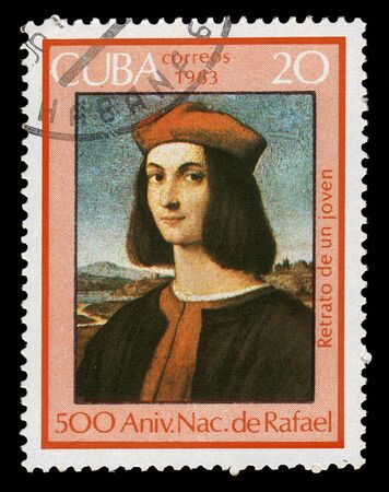 CUBA - CIRCA 1983: A stamp printed in Cuba shows " Portrait of Pietro Bembo ", 1505 painting by artist Rafael, series Raffael, 500th Birthday, circa 1983のeditorial素材