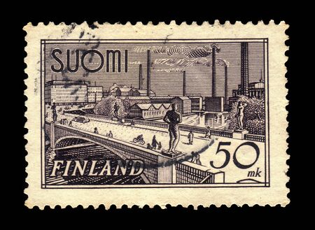 FINLAND - CIRCA 1942: stamp printed by Finland, shows HÃ¤meensilta (the â³HÃ¤me Bridgeâ³), bridge over Tammerkoski river in Tampere, Finland, circa 1942のeditorial素材