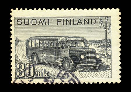 FINLAND - CIRCA 1947: stamp printed by Finland, shows intercity postal bus, circa 1947のeditorial素材