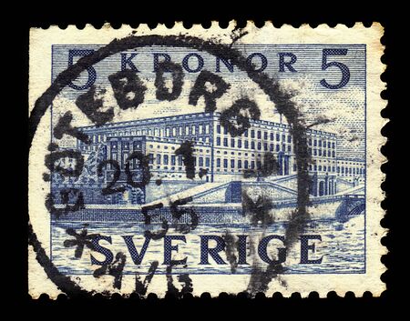 SWEDEN - CIRCA 1958: A stamp printed in Sweden shows Stockholm Palace or the Royal Palace is the official residence and major royal palace of the swedish monarch, circa 1958のeditorial素材