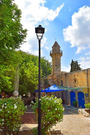 Safed, Upper Galilee, Israel - July 19, 2019: minoret of old turkish mosque, walk through the Old Town of Safed, center of Kabbalah and jewish mysticism in Upper Galileeのeditorial素材