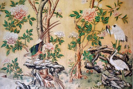 Salzburg, Austria - May 25, 2019 : fragment of the chinese room with  painted chinese wallpaper middle of the eighteenth century at the museum of Hellbrunn Palace in Salzburgのeditorial素材