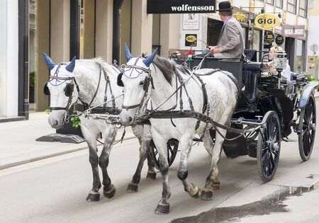 VIENNA, AUSTRIA - 26 may 2019: people have a horse ride in the traditional old-fashioned fiacre, walk through magnificent Viennaのeditorial素材