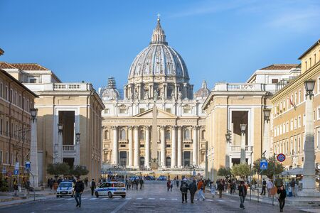 Vatican City, Vatican, Rome, Italy - November 11, 2018 : view of main facade of the Saint Peter`s Basilica from the side of the street Via della Conciliazioneのeditorial素材