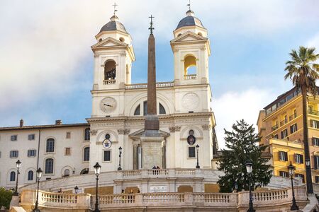 Rome, Italy - November 14, 2018 : titular church of the Santissima Trinita dei Monti and Sallustian Obelisk known as Obelisco Sallustiano on the top of the Spanish stepsのeditorial素材