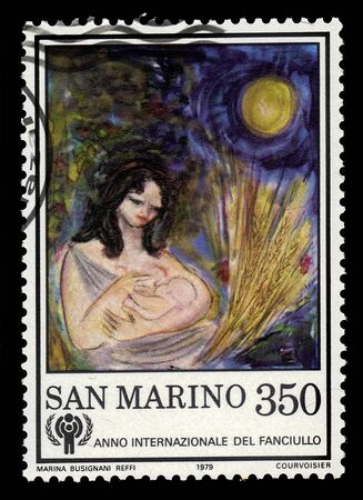 San Marino - Circa 1979: A stamp printed in San Marino shows ''Existence'', painting by Marina Busignani, sammarinese painter, sculptor, series international year of the child, circa 1979のeditorial素材