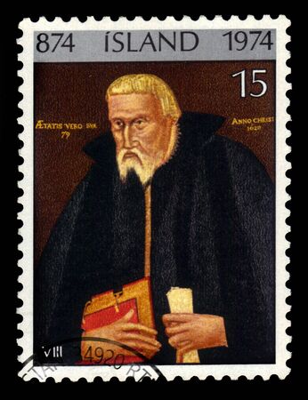 ICELAND - CIRCA 1974: A stamp printed in Iceland shows Bishop Thorlaksson of Holar, Gudbrandur Thorlaksson, icelandic mathematician, cartographer and clergyman, circa 1974のeditorial素材
