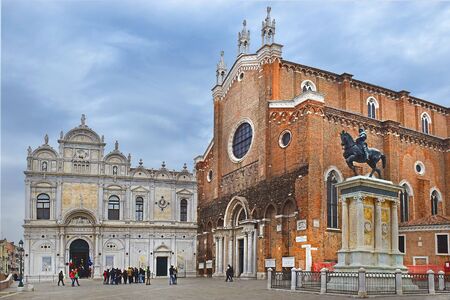 Venice, Italy - January 27, 2019: Campo Santi Giovanni e Paolo, one of the main and largest square of Venice with the church of St. John and St. Paul, Scuola grande di San Marco, now - city hospital and equestrian monument to condottiere Bartolomeo Colleoのeditorial素材