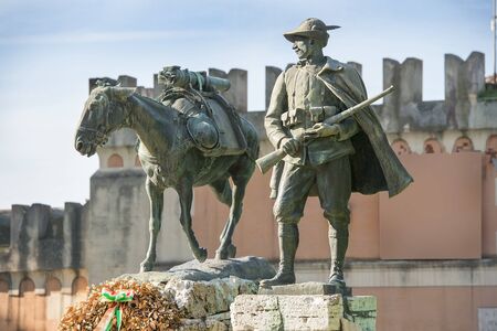 ROME, ITALY - NOV 14, 2018: Villa Borghese gardens, monument to "humble hero" of the First World War - mule of the mountain artillery Skudele, on the right - a monument to the Alpine shooterのeditorial素材