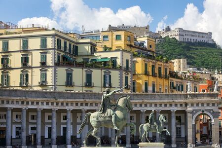 Naples, Italy - september 15, 2018: two equestrian monuments - Charles III (sculptor - Antonio Canova) and Ferdinand I (Antonio Cali) at the Plebiscito Square ( Piazza del Plebiscito ), citys main square, Naples, Italyのeditorial素材