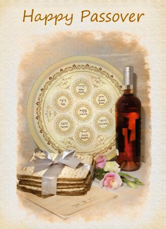 image of the spring holiday of Passover and its attributes, with bottle of wine, seder plate, matzo and Haggadah in Hebrew - Happy Passover. processed in a graphic editor as an retro photo or old postcardの写真素材