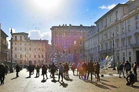 ROME, ITALY - January 16, 2019: performance with soap bubbles in Navona Square in Romeのeditorial素材