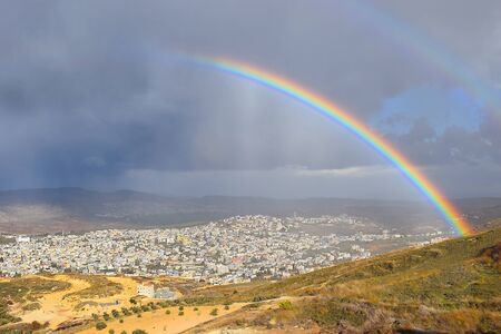 rainbow over Cana of Galilee after rain, Israelの写真素材