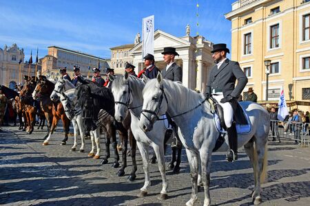 Rome, Italy - January 17, 2020: equestrian parade on St. Peter's Square in Vatican, dedicated to the Italian Breeders Association (AIA) (associazione italiana allevatori), founded in Rome on August 20, 1944のeditorial素材
