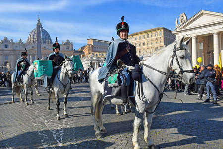 Rome, Italy - January 17, 2020: equestrian parade on St. Peter's Square in Vatican, dedicated to the Italian Breeders Association (A.I.A.) ( associazione italiana allevatori ), founded in Romeのeditorial素材