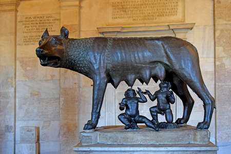 Rome, Italy - January 18, 2020: ancient roman bronze Lupa Capitolina suckling romulus and remus, traditional founders of city and empire of Rome at the Capitoline Museumsのeditorial素材
