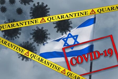 border tape with an inscription quarantine on israel flag background and red Covid-19 stamp, Coronavirus Outbreakの写真素材