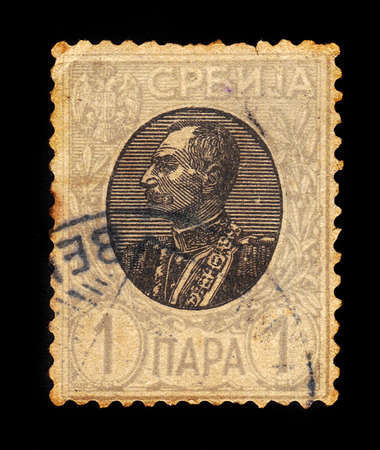 SERBIA - CIRCA 1905: A stamp printed in Serbia, shows portrait of the first King of Serbs, Croats and Slovenes Peter I Karadjordjevic (1844 - 1921), circa 1905のeditorial素材