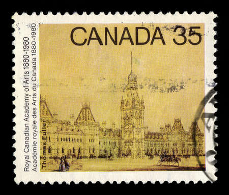 CANADA - CIRCA 1980: A stamp printed in Canada shows sketch design for original Parliament buildings by Thomas Fuller, centenary of Royal Canadian Academy of Arts, circa 1980のeditorial素材