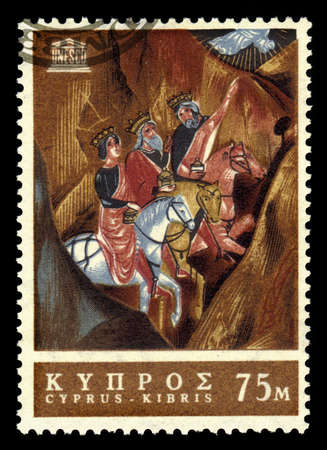 Cyprus - circa 1967: A stamp printed in Cyprus, shows The Three Wise Men, 15th century painting, series 20 Years UNESCO, circa 1967のeditorial素材