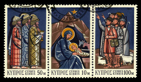 Cyprus - circa 1971: A stamp printed in Cyprus, shows Triptych with biblical scenes : virgin and the child, the three wise men, shepherds, series Christmas, circa 1971のeditorial素材