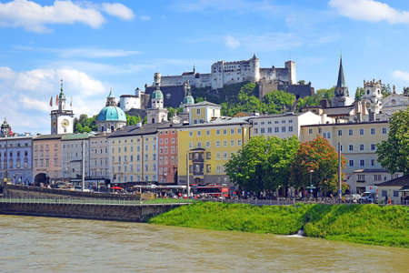 Salzburg, Austria - May 23, 2019 : view of the Old Town of Salzburg and Hohensalzburg Castle over the river Salzachのeditorial素材