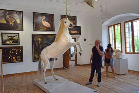 Salzburg, Austria - May 25, 2019 : tourists with audio guides in the unicorn hall at the museum of Hellbrunn Palace in Salzburgのeditorial素材