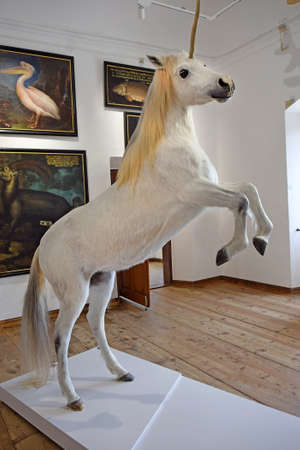 Salzburg, Austria - May 25, 2019 : mythical animal- unicorn  in the unicorn hall at the museum of Hellbrunn Palace in Salzburgのeditorial素材