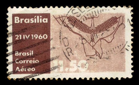 Brazil - circa 1960: a stamp printed in the Brazil shows bird- or airplane-like form of Brasilia, original city plan by Lucio Costa, inauguration of Brasilia as Capital, circa 1960のeditorial素材