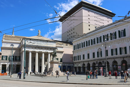 Genoa, Italy - april 17, 2023: equestrian statue to Garibaldi in front of the opera house Teatro Carlo Felice, Piazza de Ferrari, Genoa, Liguria, Italyのeditorial素材