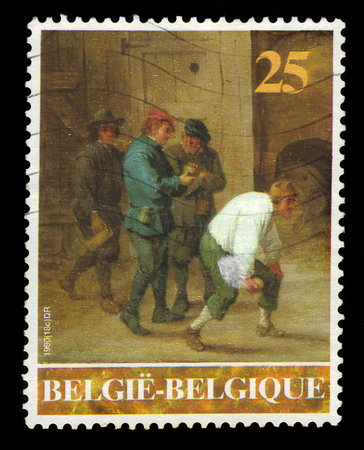 BELGIUM - CIRCA 1990: a stamp printed in the Belgium shows " The Boules Players " by David Teniers the Younger, flemish baroque painter, circa 1990のeditorial素材