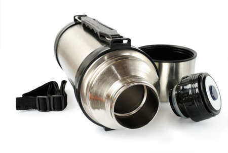 Steel thermos with belt for travel isolated on white backgroundの写真素材