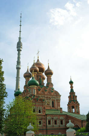 Cathedral of Trinity and the television tower Ostankino in Moscowon.の写真素材