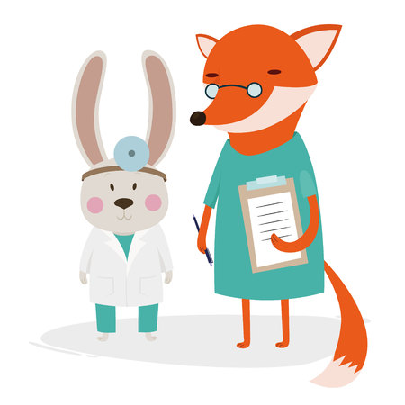 Hare doctor, fox nurse, medical, vectorのイラスト素材