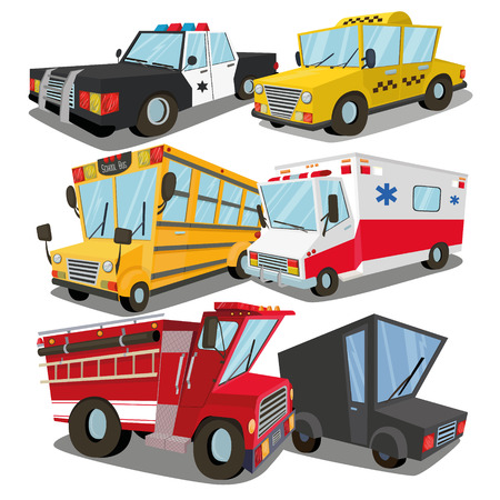 A set of cars: Ambulance, fire car, truck, taxi, school bus and police carのイラスト素材