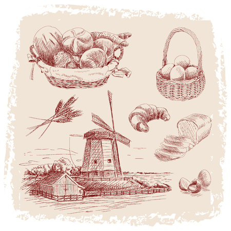 Vector hand drawn food sketch and bread doodleのイラスト素材