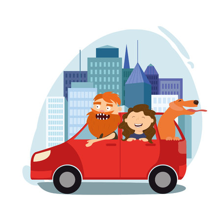 Dad with his daughter, a trip by car, a dog, a happy family, vectorのイラスト素材