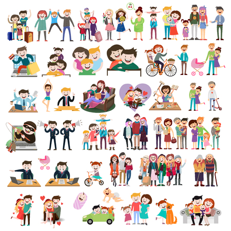 Set of happy family, people, with their suitcases family, dinner, mom reads a story to children, large, Muslim, fashion illustration, stylish teenagers, friendship, vectorのイラスト素材