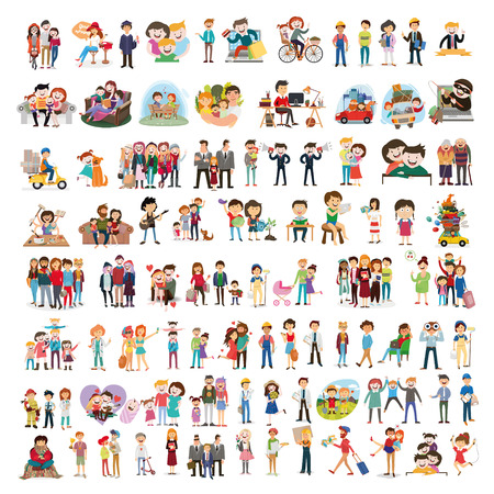 set of happy family, people, with their suitcases family, dinner, mom reads a story to children, large, Muslim, fashion illustration, stylish teenagers, friendship, vectorのイラスト素材