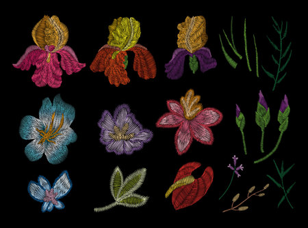 Crane bird, flowers, rose, rose-hip, plant. Traditional folk stylish embroidery on the black background. Sketch for printing on clothing, fabric, bag, accessories and design. Vector, trendのイラスト素材