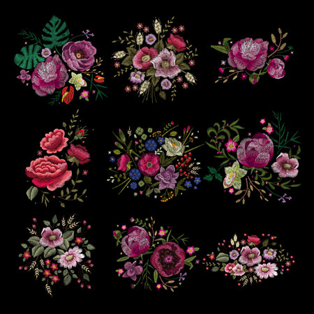 Crane bird, flowers, rose, rose-hip, plant. Traditional folk stylish embroidery on the black background. Sketch for printing on clothing, fabric, bag, accessories and design. Vector, trendのイラスト素材