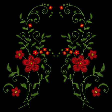Crane bird, flowers, rose, rose-hip, plant. Traditional folk stylish embroidery on the black background. Sketch for printing on clothing, fabric, bag, accessories and design. Vector, trendのイラスト素材