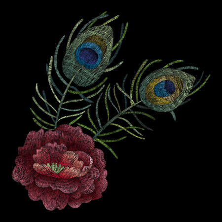 Crane bird, flowers, rose, rose-hip, plant. Traditional folk stylish embroidery on the black background. Sketch for printing on clothing, fabric, bag, accessories and design. Vector, trendのイラスト素材