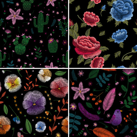 Crane bird, flowers, rose, rose-hip, plant. Traditional folk stylish embroidery on the black background. Sketch for printing on clothing, fabric, bag, accessories and design. Vector, trendのイラスト素材