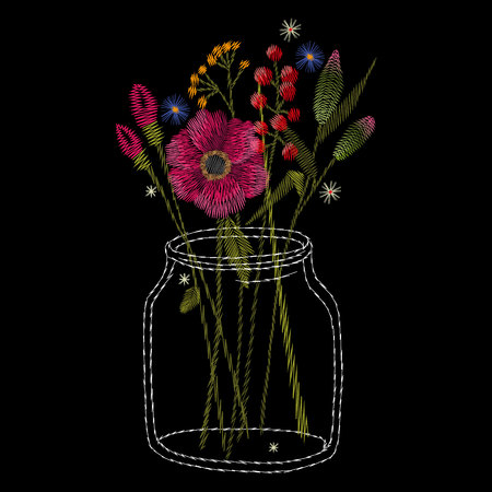 Crane bird, flowers, rose, rose-hip, plant. Traditional folk stylish embroidery on the black background. Sketch for printing on clothing, fabric, bag, accessories and design. Vector, trendのイラスト素材